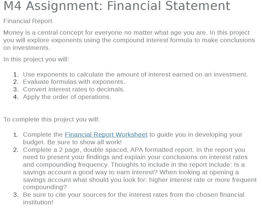 M4 Assignment: Financial Statement Financial Report Money is a central concept for