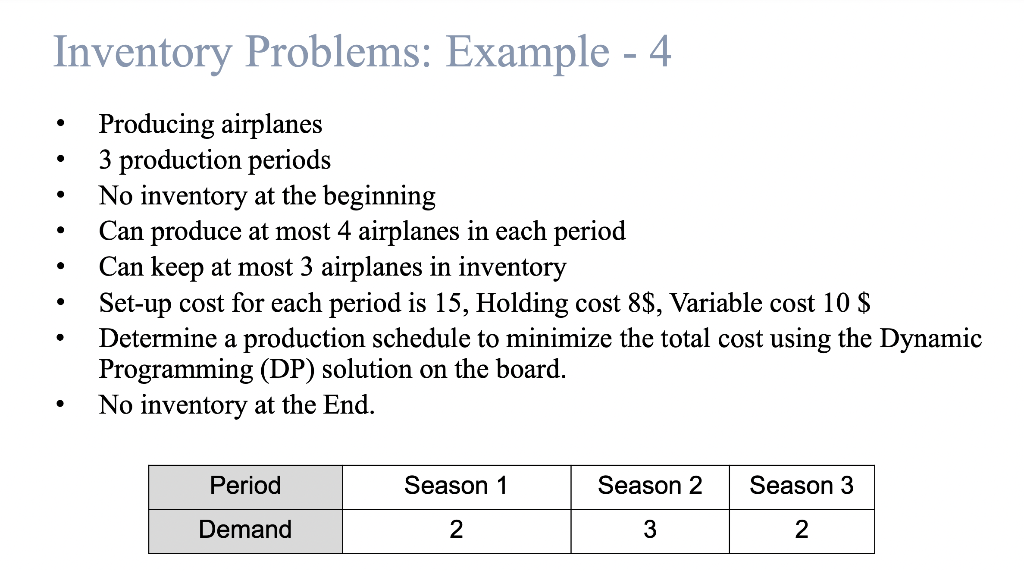Inventory Problems: Example - 4 Producing airplanes 3 production periods No inventory