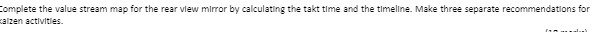 Complete the value stream map for the rear view mirror by calculating