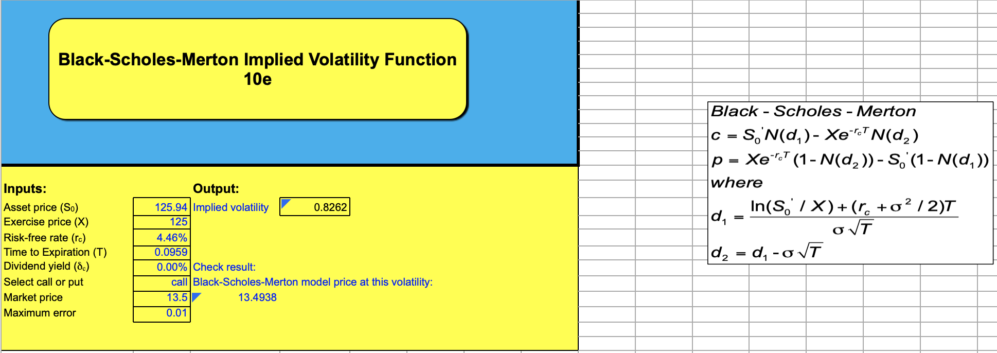Black-Scholes-Merton Implied Volatility Function 10e Output: Inputs: Asset price (So) Exercise price