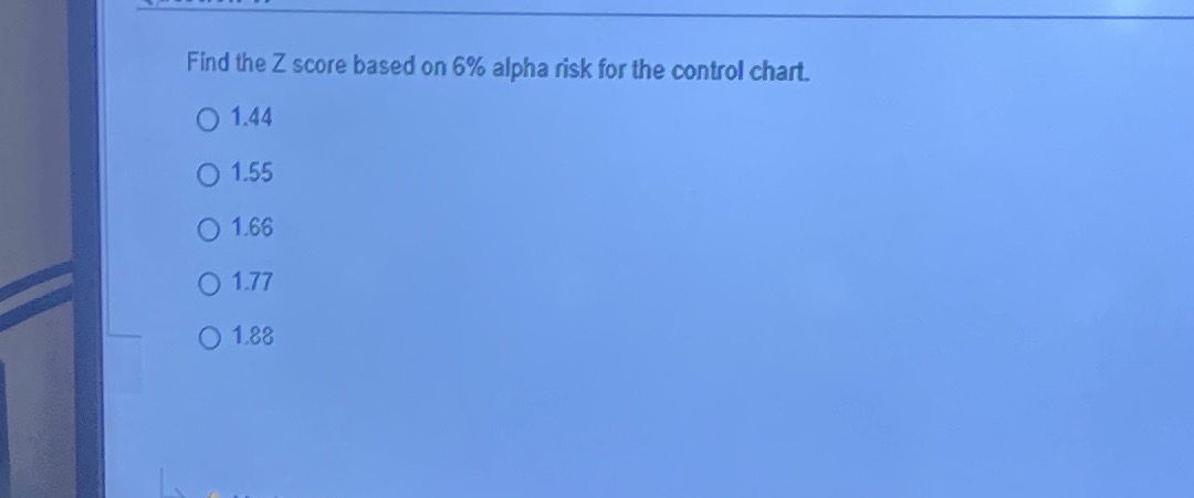 Find the Z score based on 6% alpha risk for the control