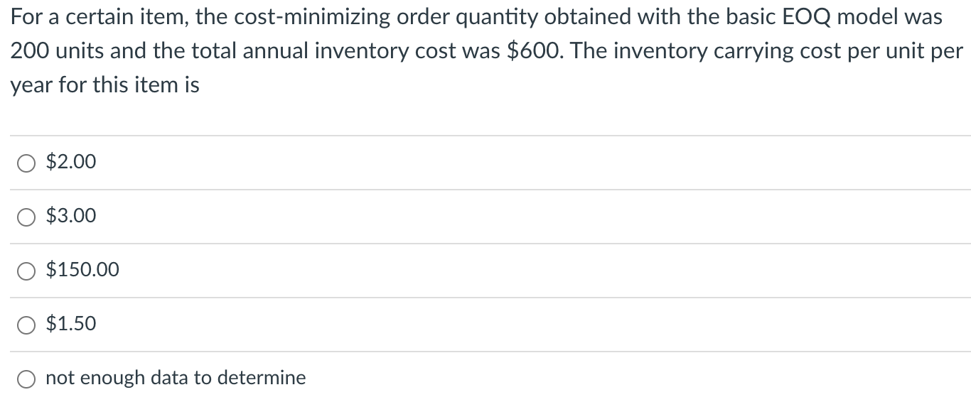 For a certain item, the cost-minimizing order quantity obtained with the basic