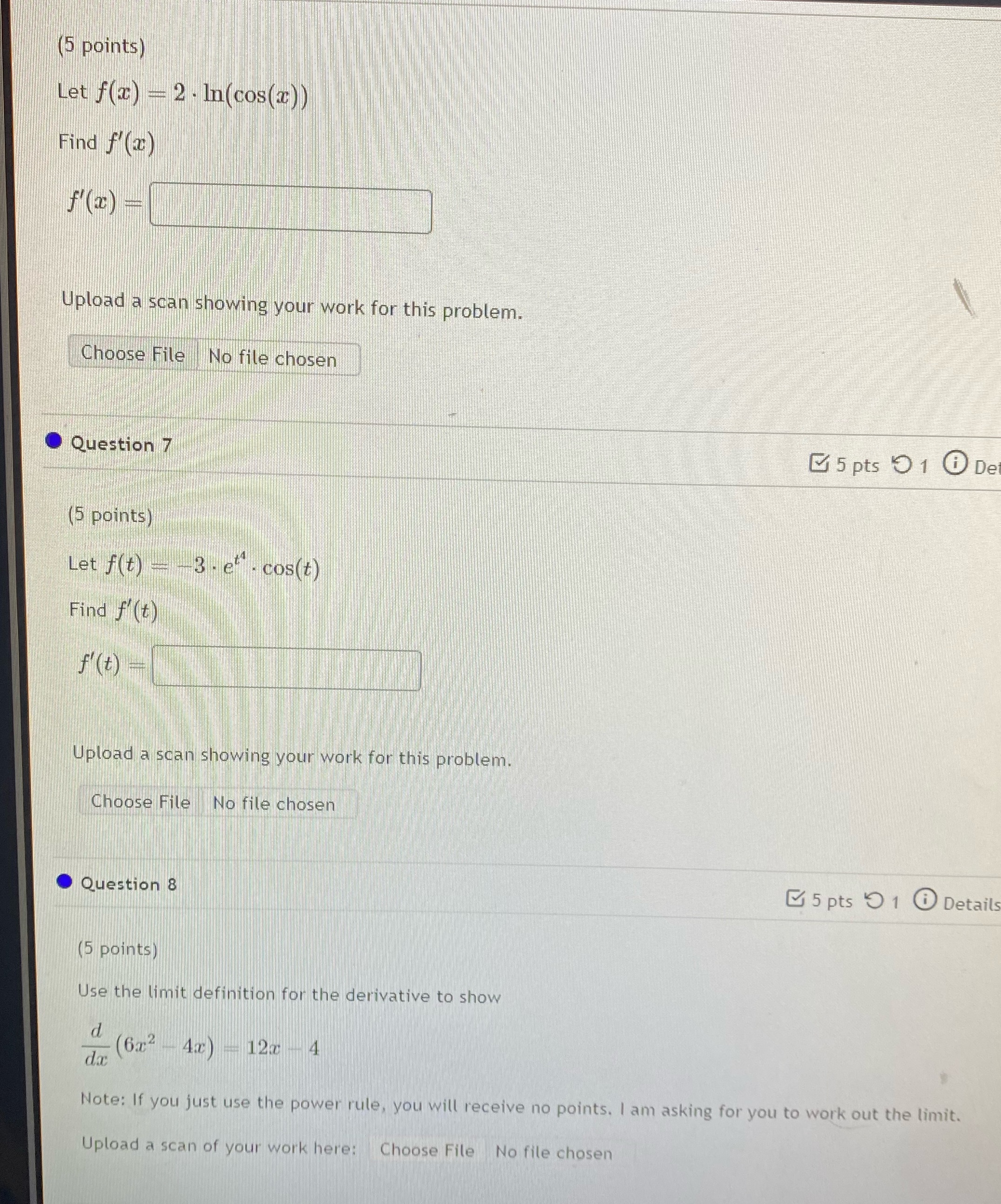 (5 points) Let f(x) = 2. In(cos(x)) Find f'(x) f'(x) = Upload