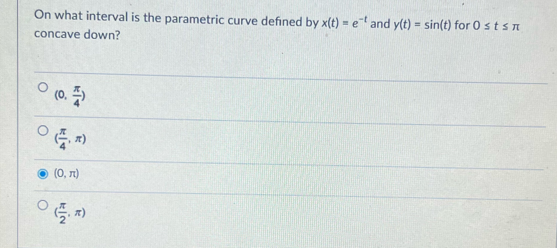 On what interval is the parametric curve defined by x(t) = et