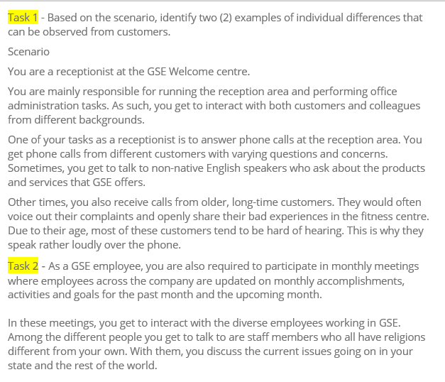 Task 1 - Based on the scenario, identify two (2) examples of