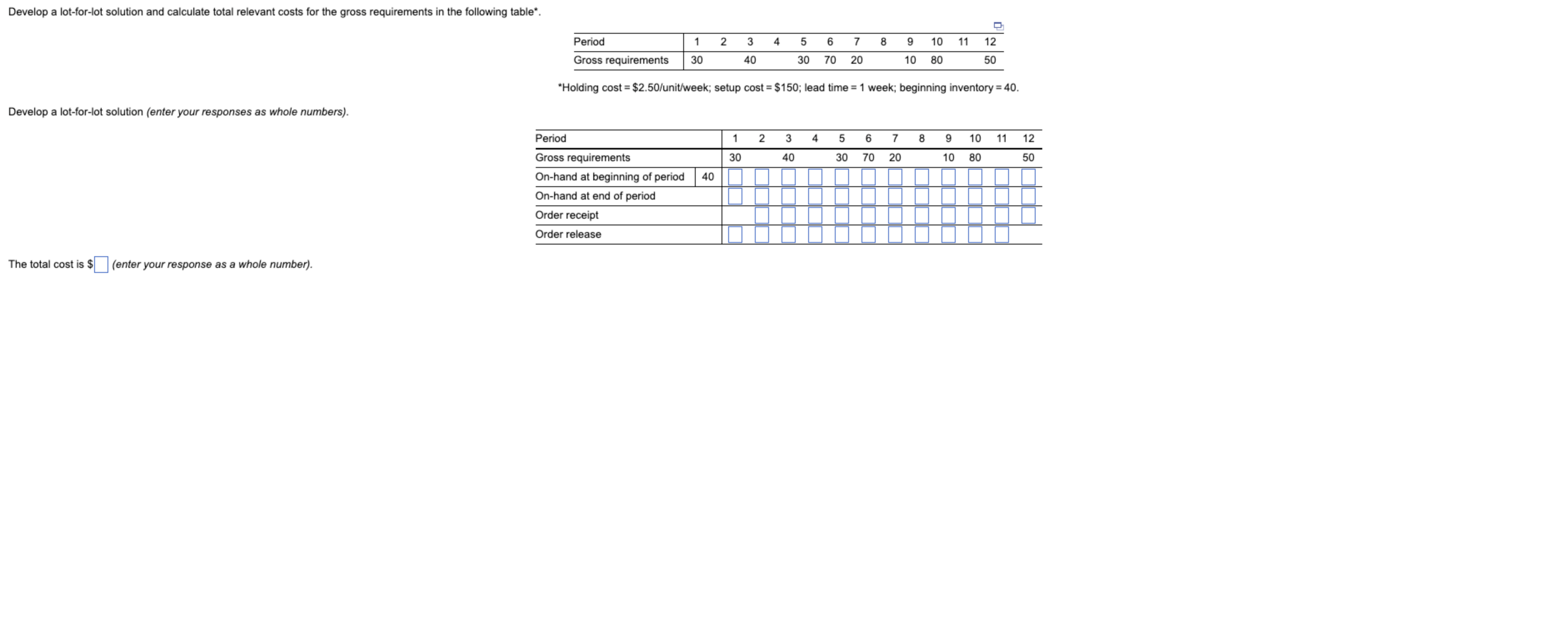 Develop a lot-for-lot solution and calculate total relevant costs for the gross