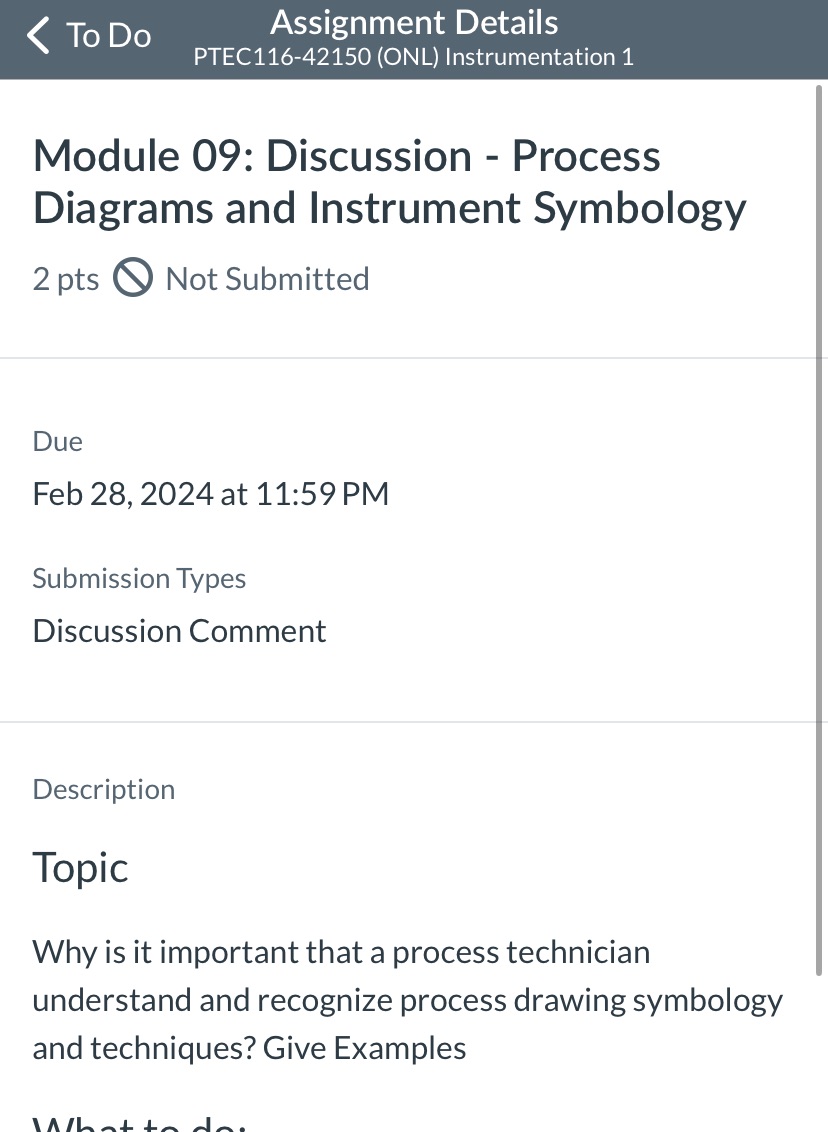 < To Do Assignment Details PTEC116-42150 (ONL) Instrumentation 1 Module 09: Discussion