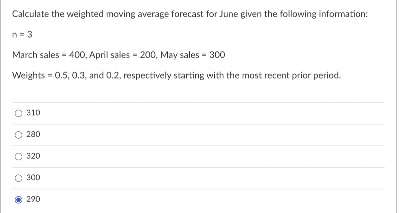 Calculate the weighted moving average forecast for June given the following information:
