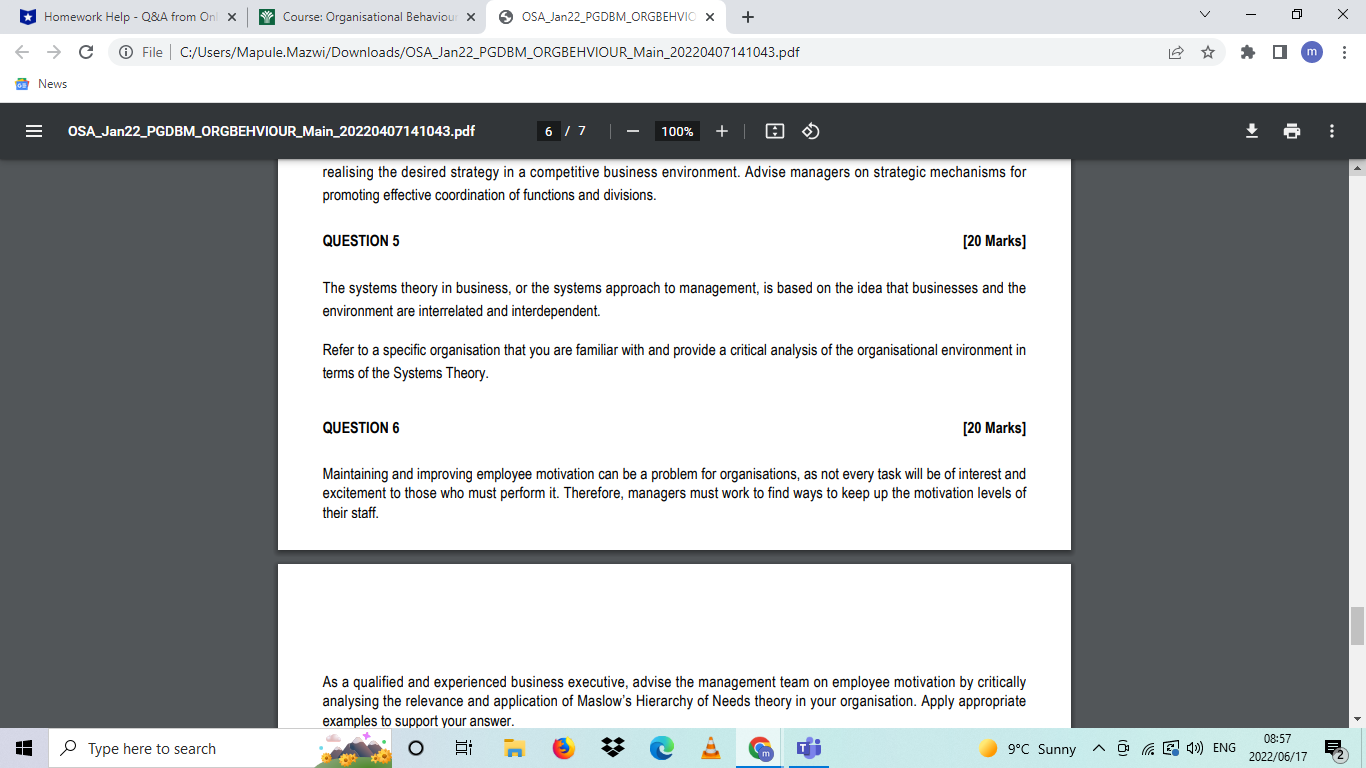 Homework Help - Q&A from Onl x Course: Organisational Behaviour X News