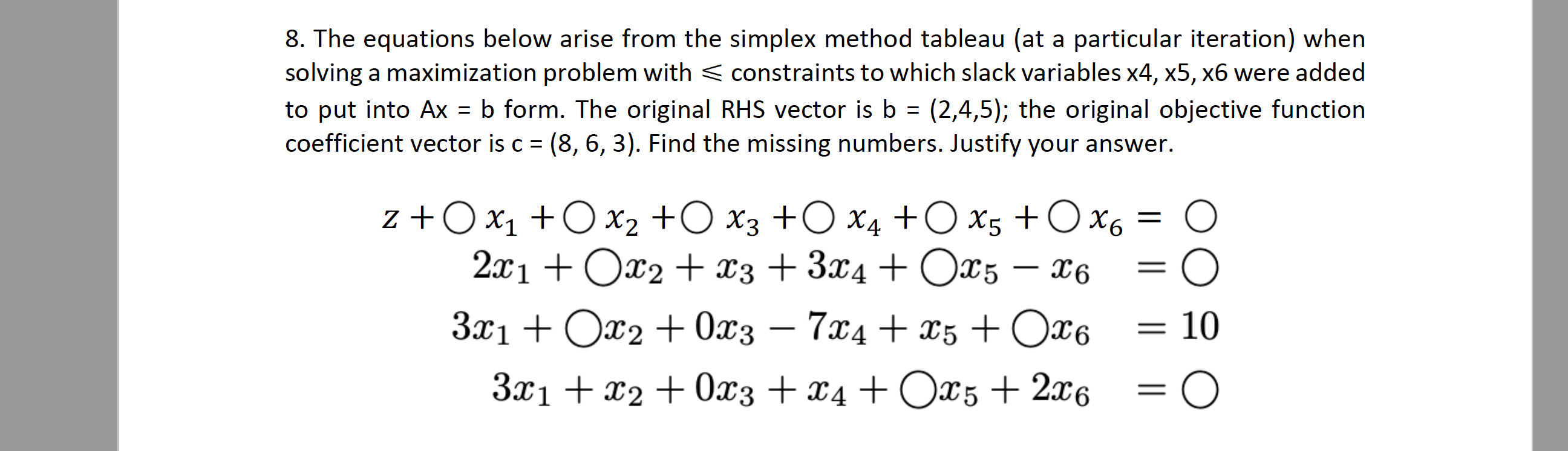 8. The equations below arise from the simplex method tableau (at a