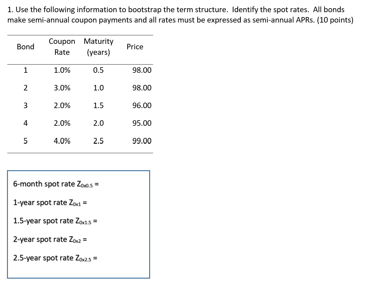 1. Use the following information to bootstrap the term structure. Identify the