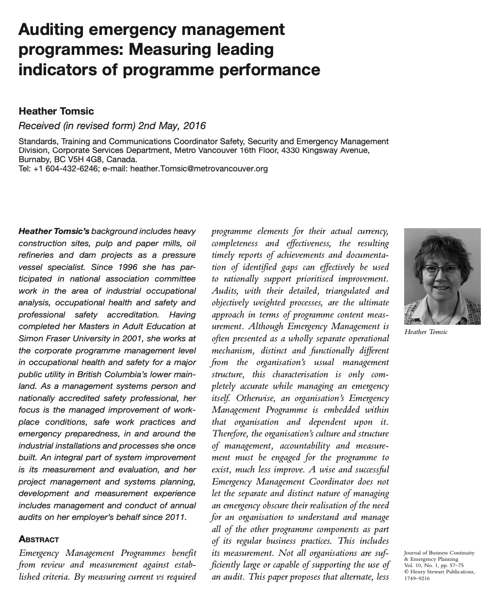 Auditing emergency management programmes: Measuring leading indicators of programme performance Heather Tomsic