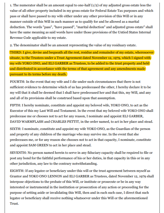 The Last Will and Testament of John Lennon left almost all of