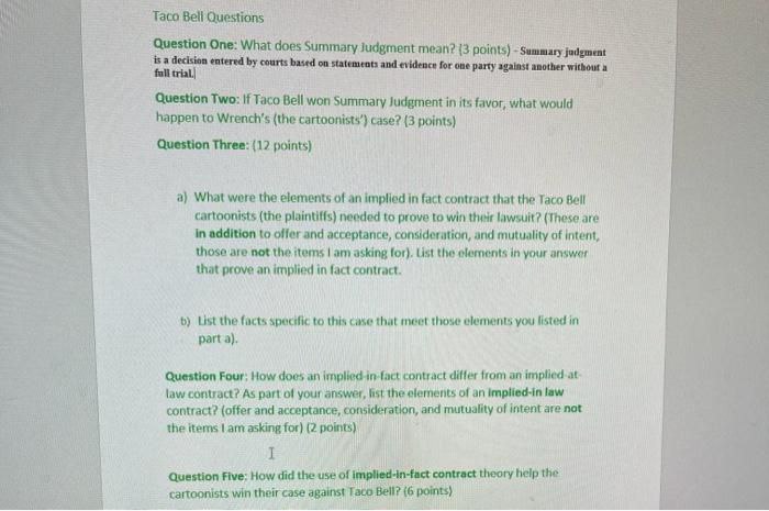 Taco Bell Questions Question One: What does Summary Judgment mean? (3 points)-