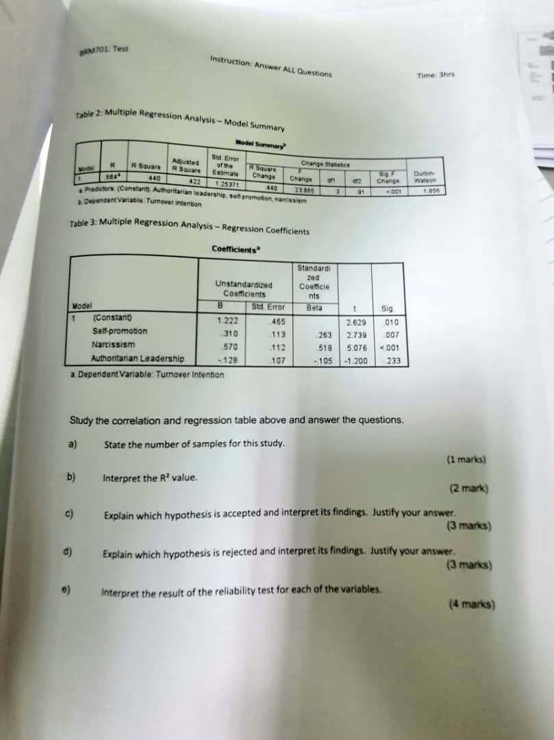 BRM701: Test Instruction: Answer ALL Questions Time: 3hrs Table 2: Multiple Regression