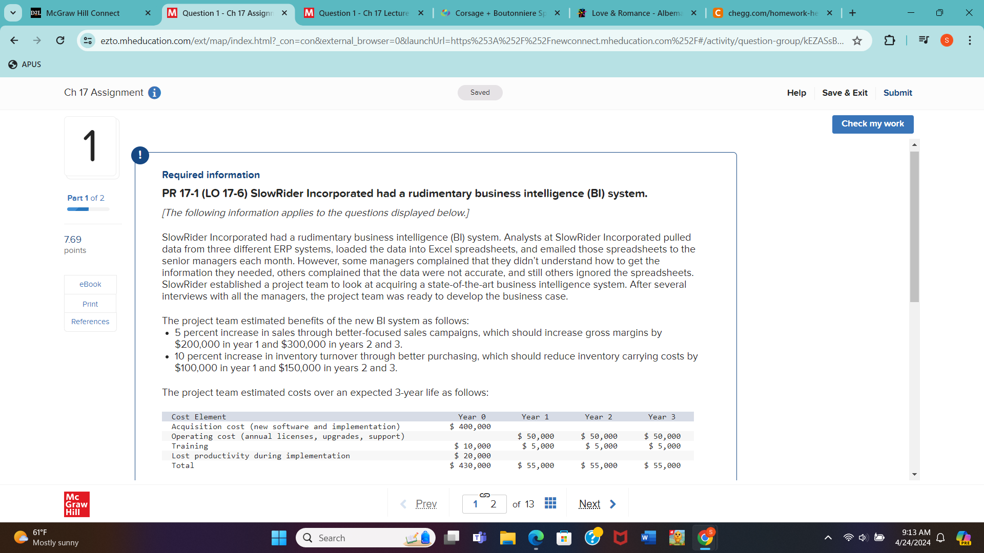 > D2L McGraw Hill Connect M Question 1- Ch 17 Assignn x