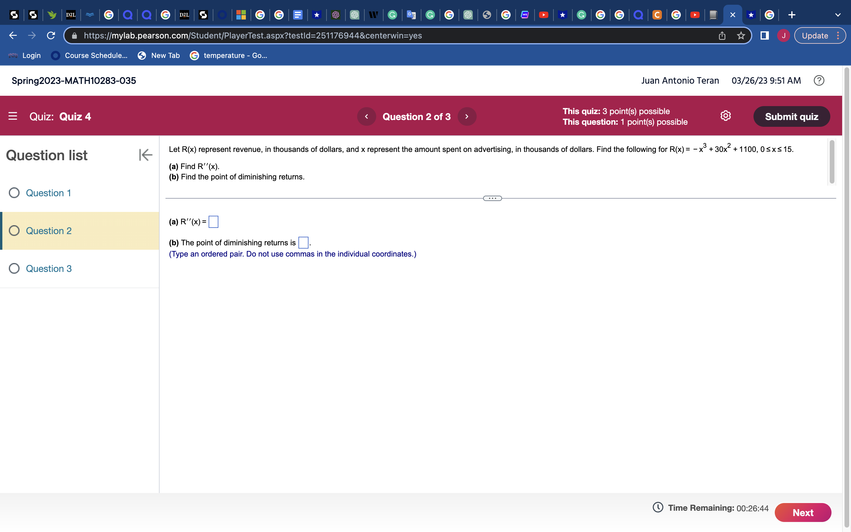 D2L |Q|Q|| D2L C https://mylab.pearson.com/Student/PlayerTest.aspx?testId=251176944&centerwin=yes fon Login Course Schedule... New Tab temperature