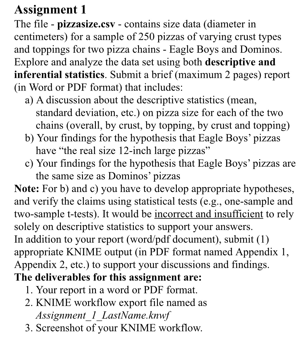 Assignment 1 The file - pizzasize.csv - contains size data (diameter in
