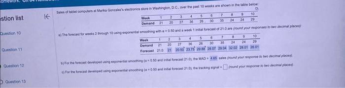 stion list Question 10: Question 111 Question 12 Question 131 Sales of