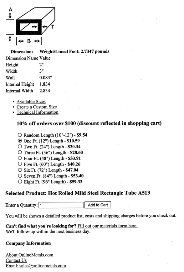 TUBE #1 2" x 3"x 0.083 MILD STEEL A513 2" x 3"x
