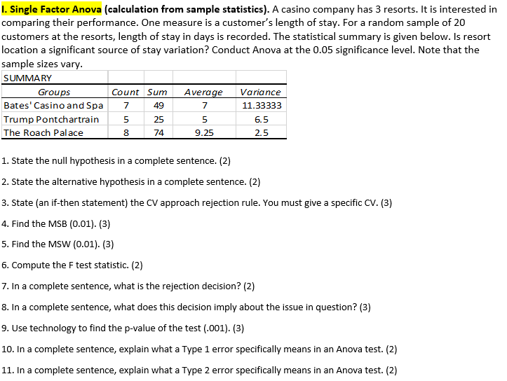 I. Single Factor Anova (calculation from sample statistics). A casino company has