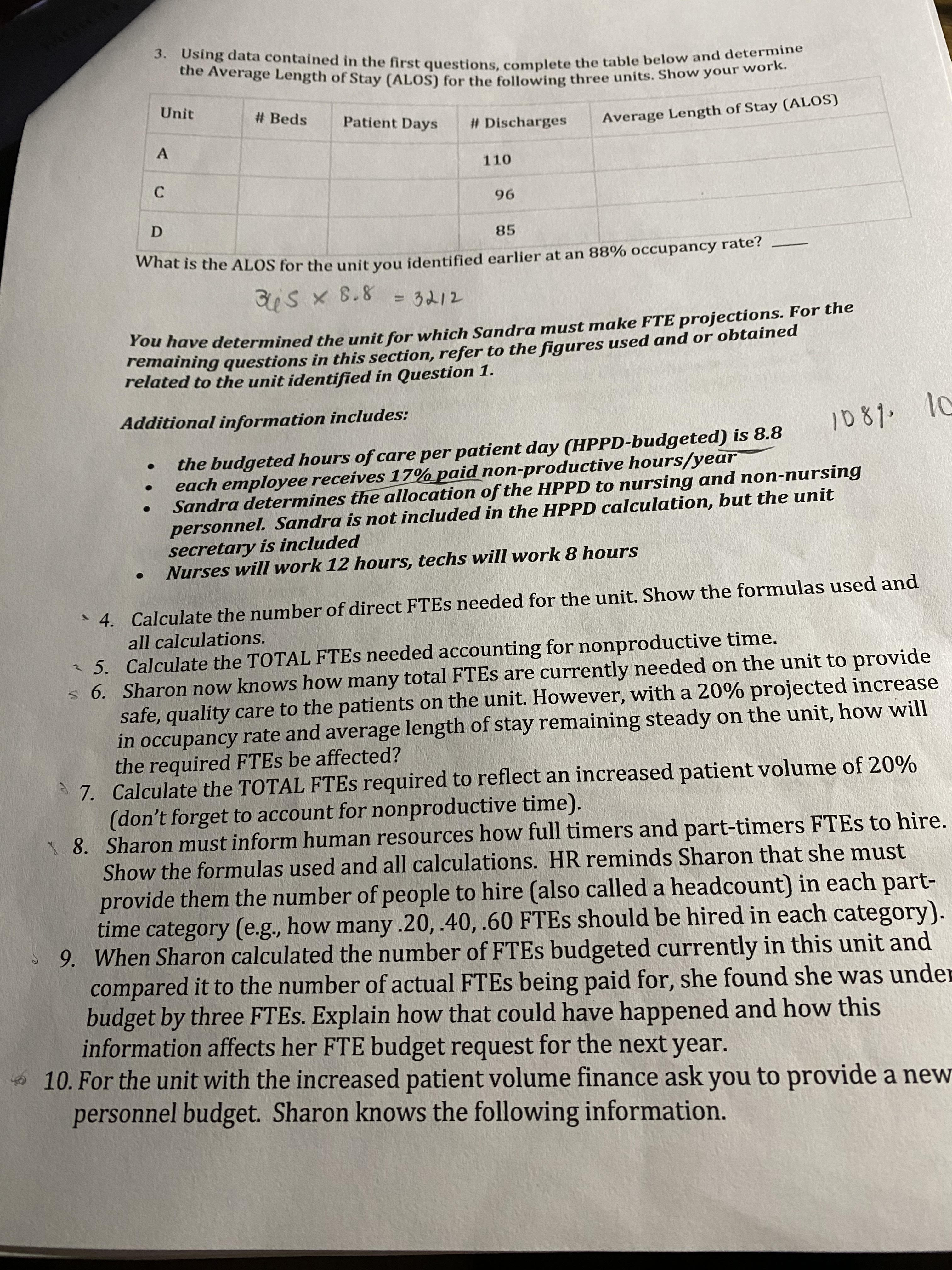 3. Using data contained in the first questions, complete the table below