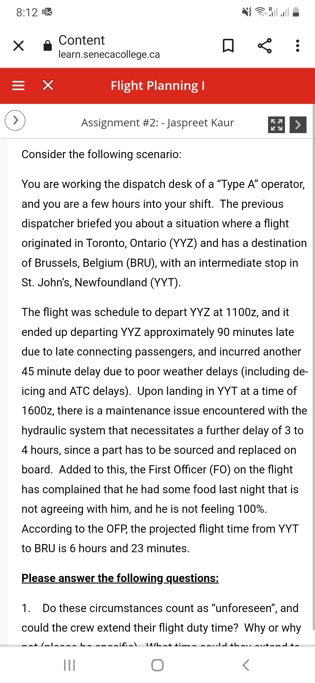 8:12 Content learn.senecacollege.ca = X Flight Planning I : > Assignment #2: