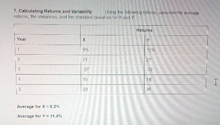 Using the following returns, calculate the average 7. Calculating Returns and Variability
