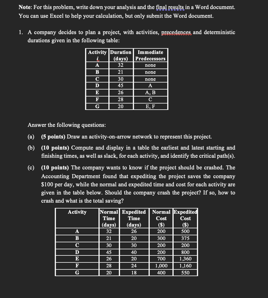 Note: For this problem, write down your analysis and the final results