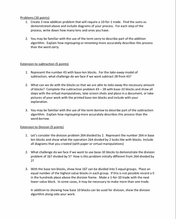 Problems (10 points) 1. Create 3 new addition problem that will require