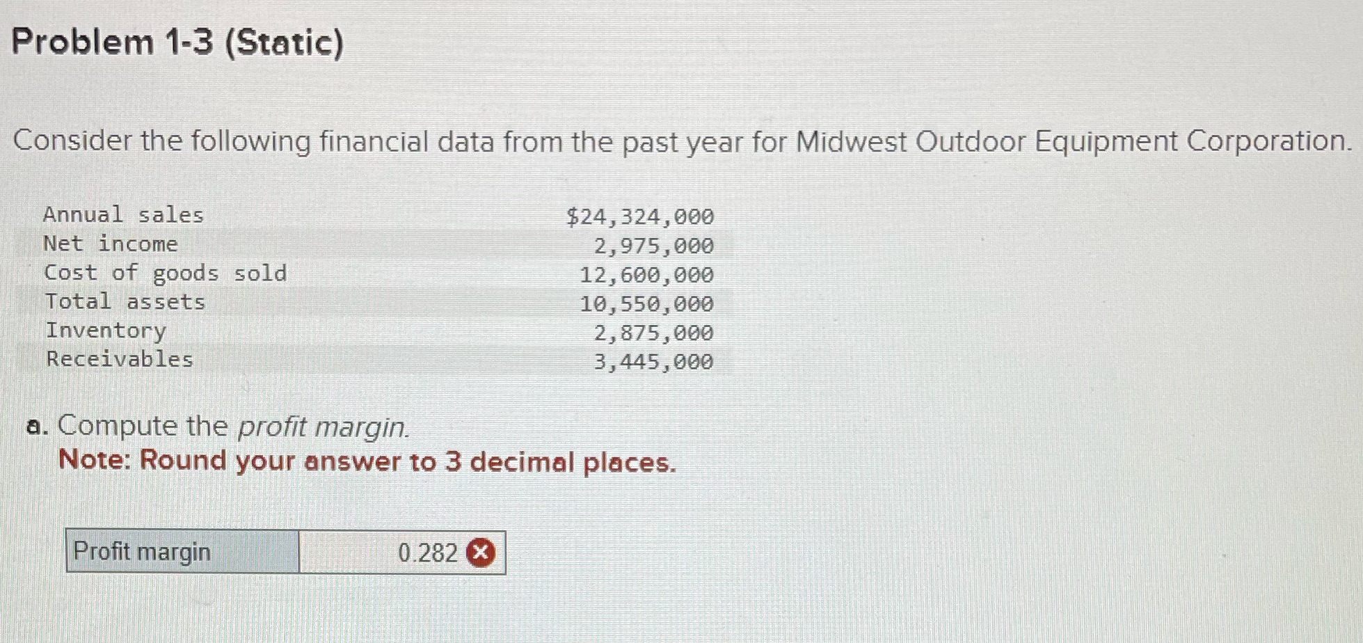 Problem 1-3 (Static) Consider the following financial data from the past year