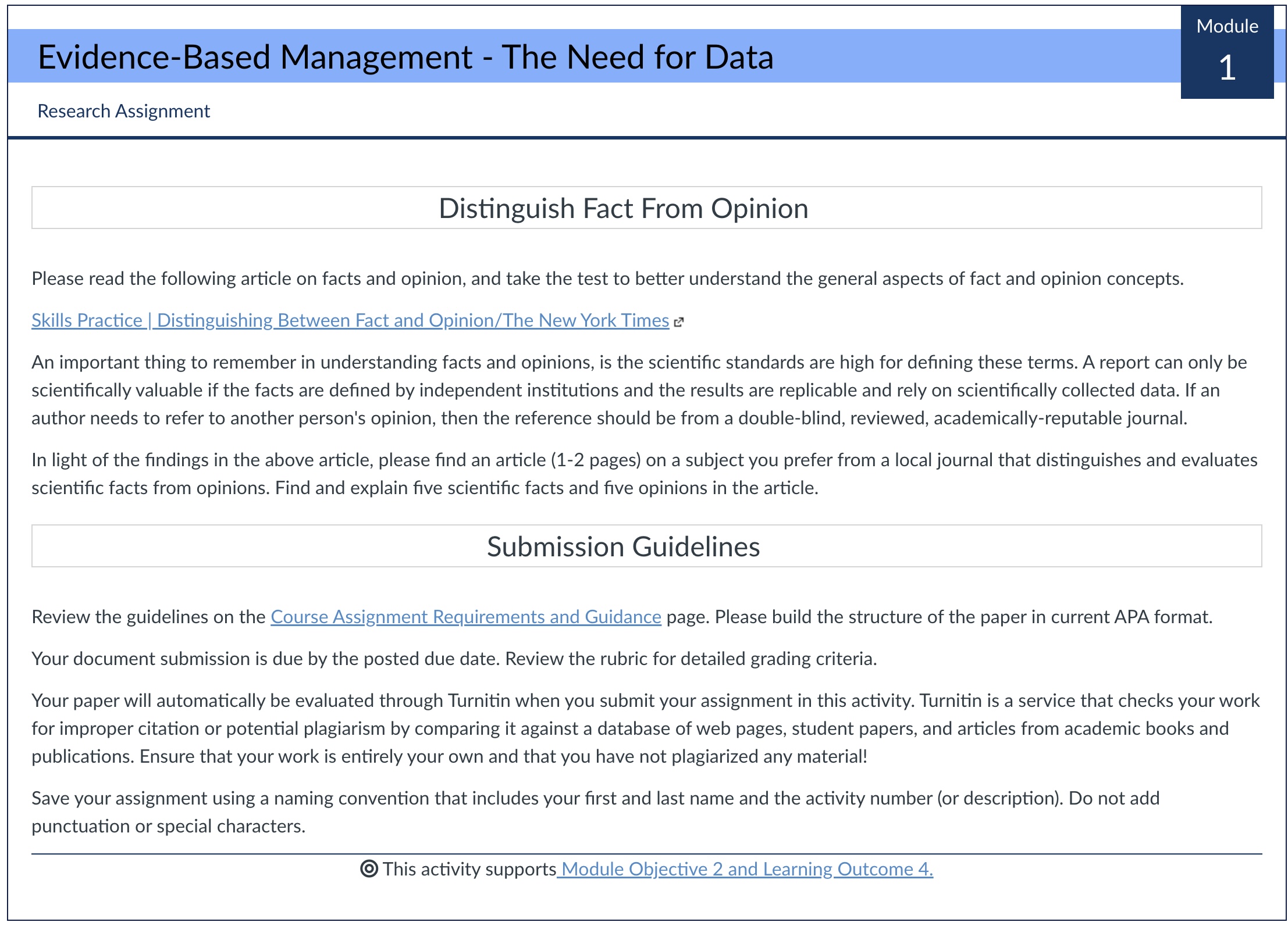 Evidence-Based Management - The Need for Data Research Assignment Distinguish Fact From
