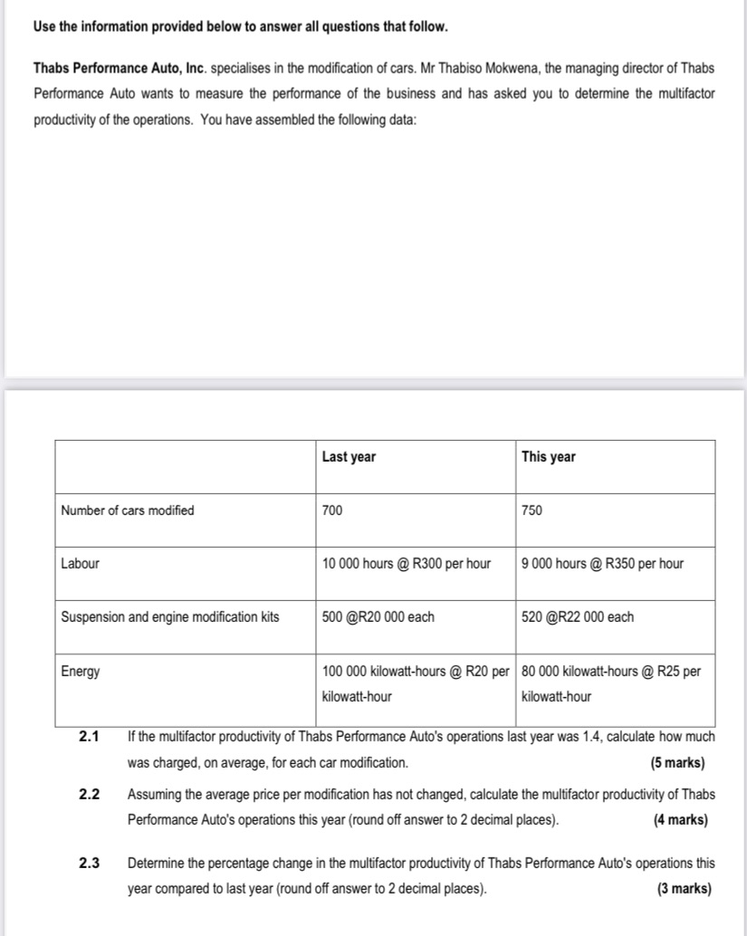 Use the information provided below to answer all questions that follow. Thabs