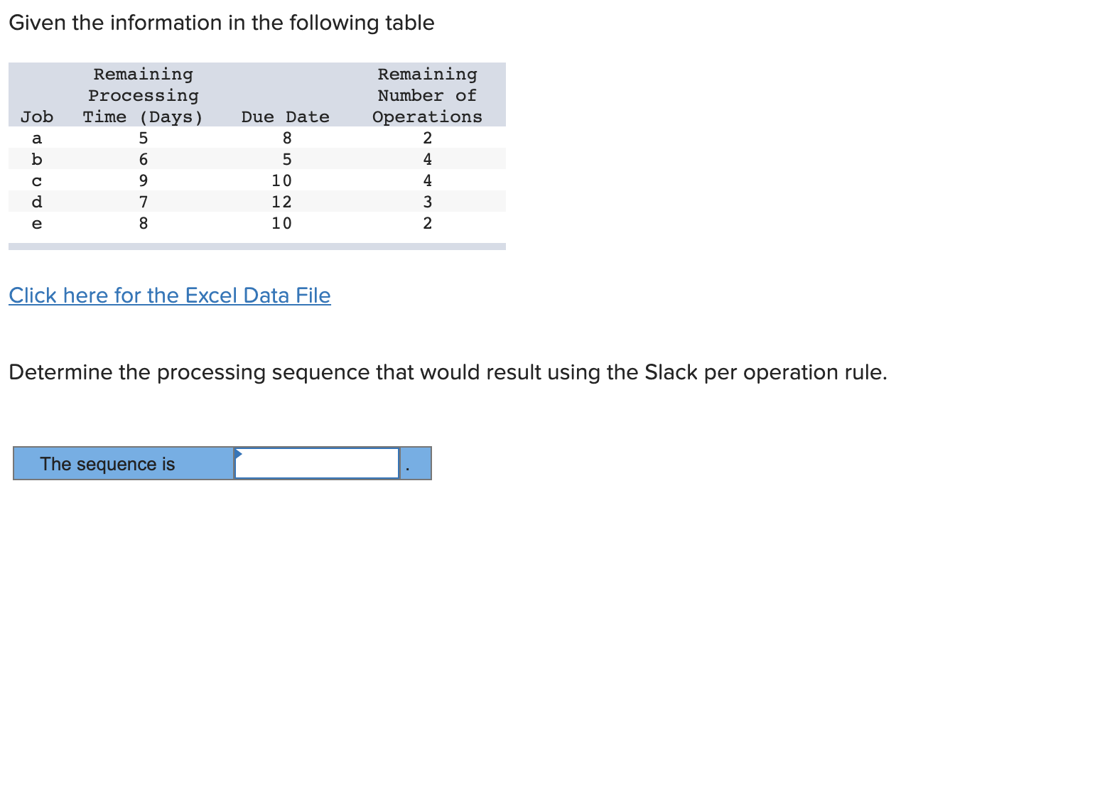 Given the information in the following table Remaining Processing Job Time (Days)