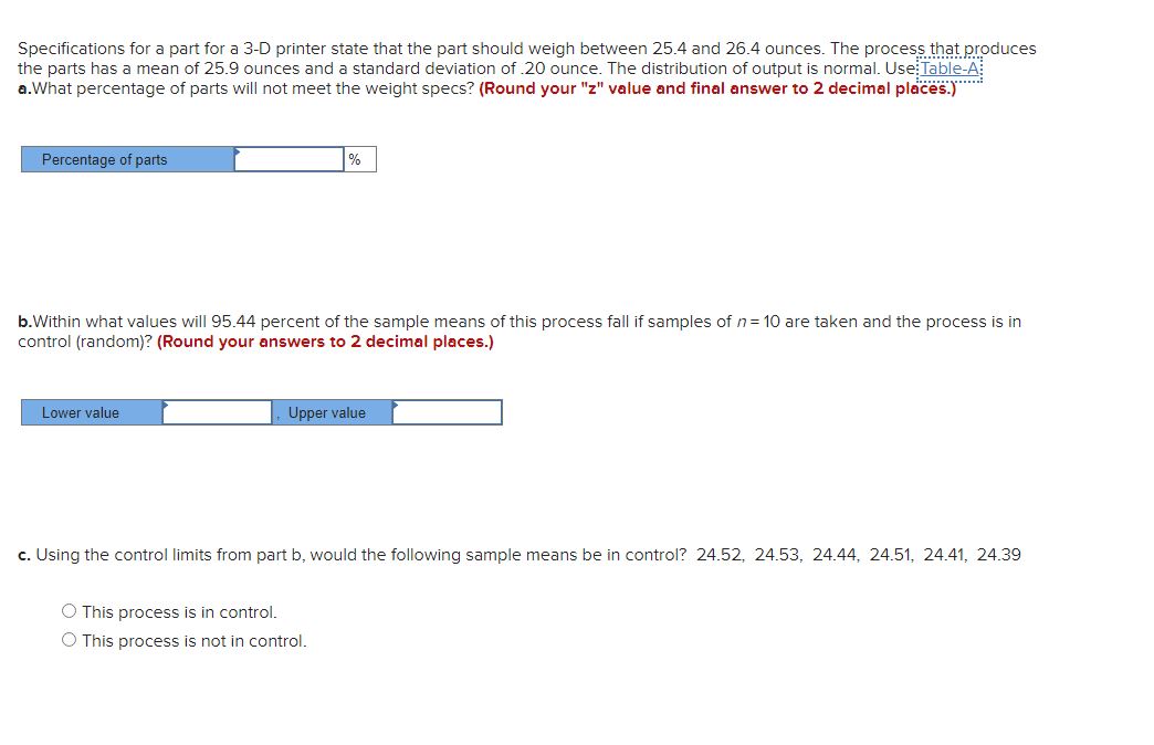 Specifications for a part for a 3-D printer state that the part