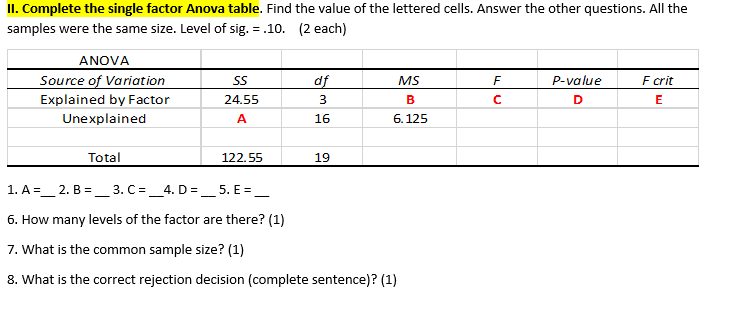 II. Complete the single factor Anova table. Find the value of the