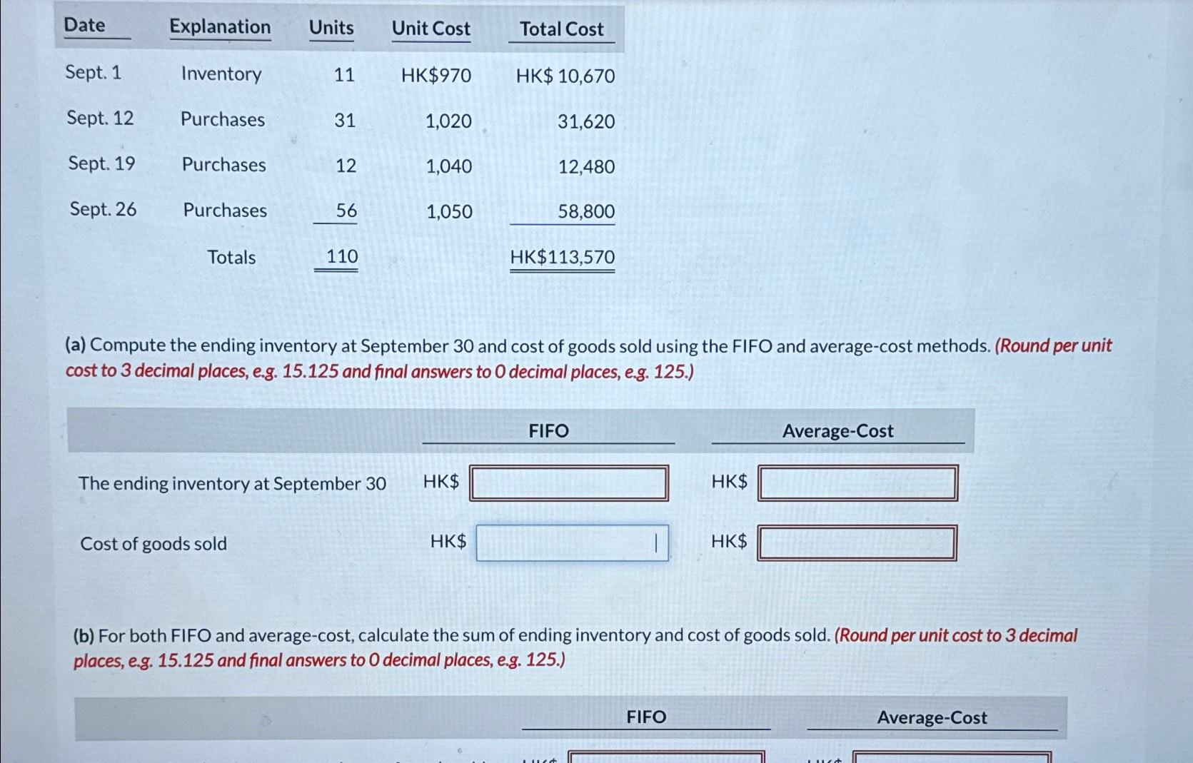Date Explanation Units Unit Cost Total Cost Sept. 1 Inventory 11 HK$970