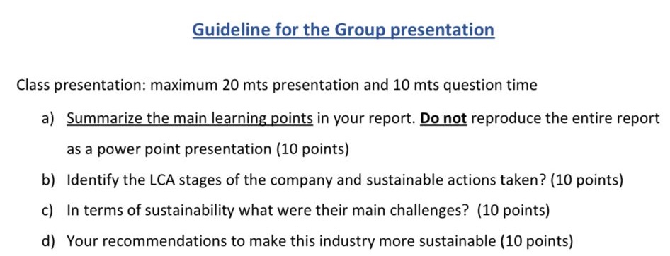 Guideline for the Group presentation Class presentation: maximum 20 mts presentation and
