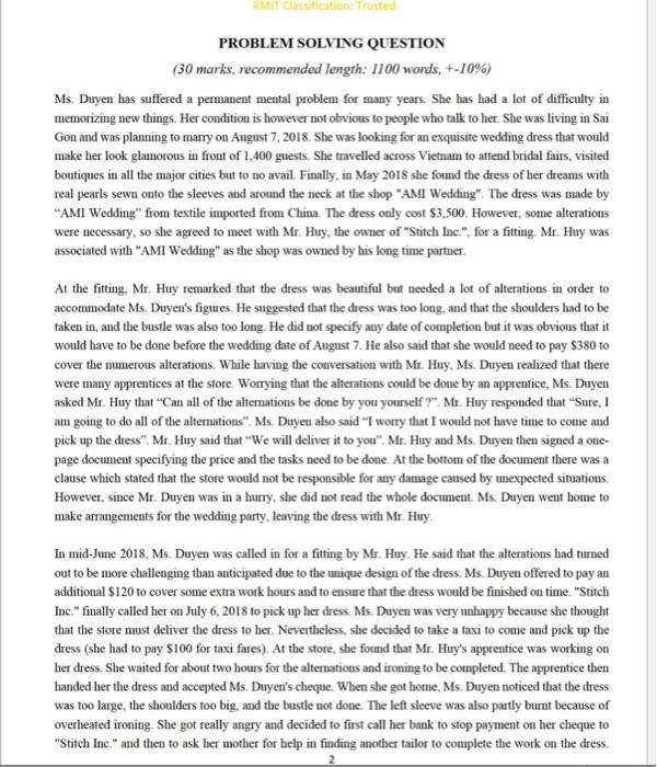 RMIT Classification: Trusted PROBLEM SOLVING QUESTION (30 marks, recommended length: 1100 words,