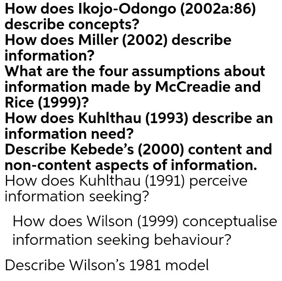 How does Ikojo-Odongo (2002a:86) describe concepts? How does Miller (2002) describe information?