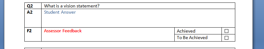 Q2 22 A2 What is a vision statement? Student Answer F2 Assessor
