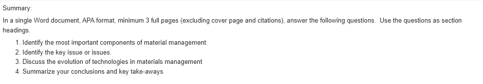 Summary: In a single Word document, APA format, minimum 3 full pages
