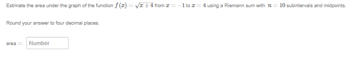 Estimate the area under the graph of the function f(x)=1+4 from z