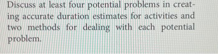 Discuss at least four potential problems in creat- ing accurate duration estimates