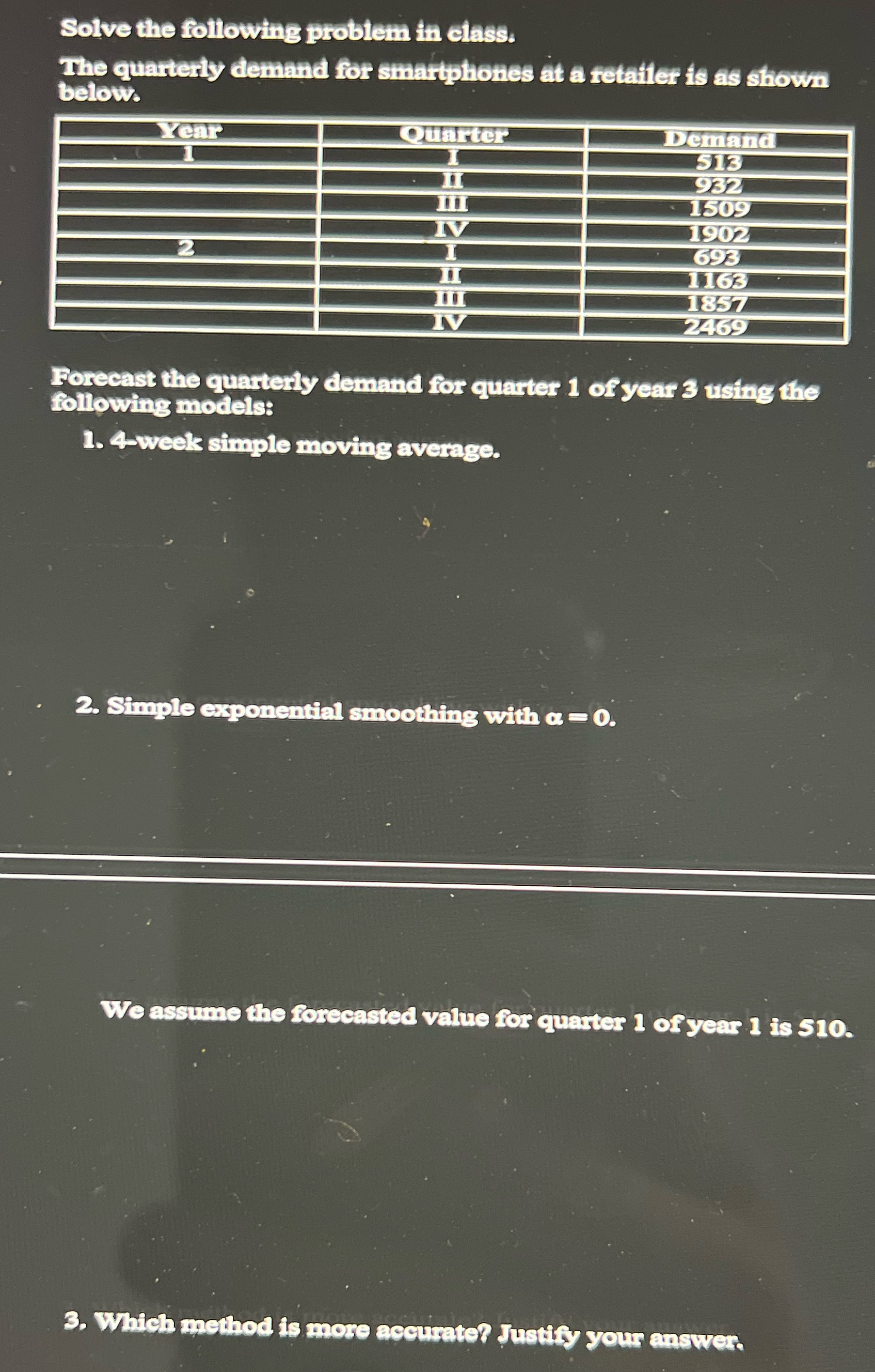 Solve the following problem in class. The quarterly demand for smartphones at