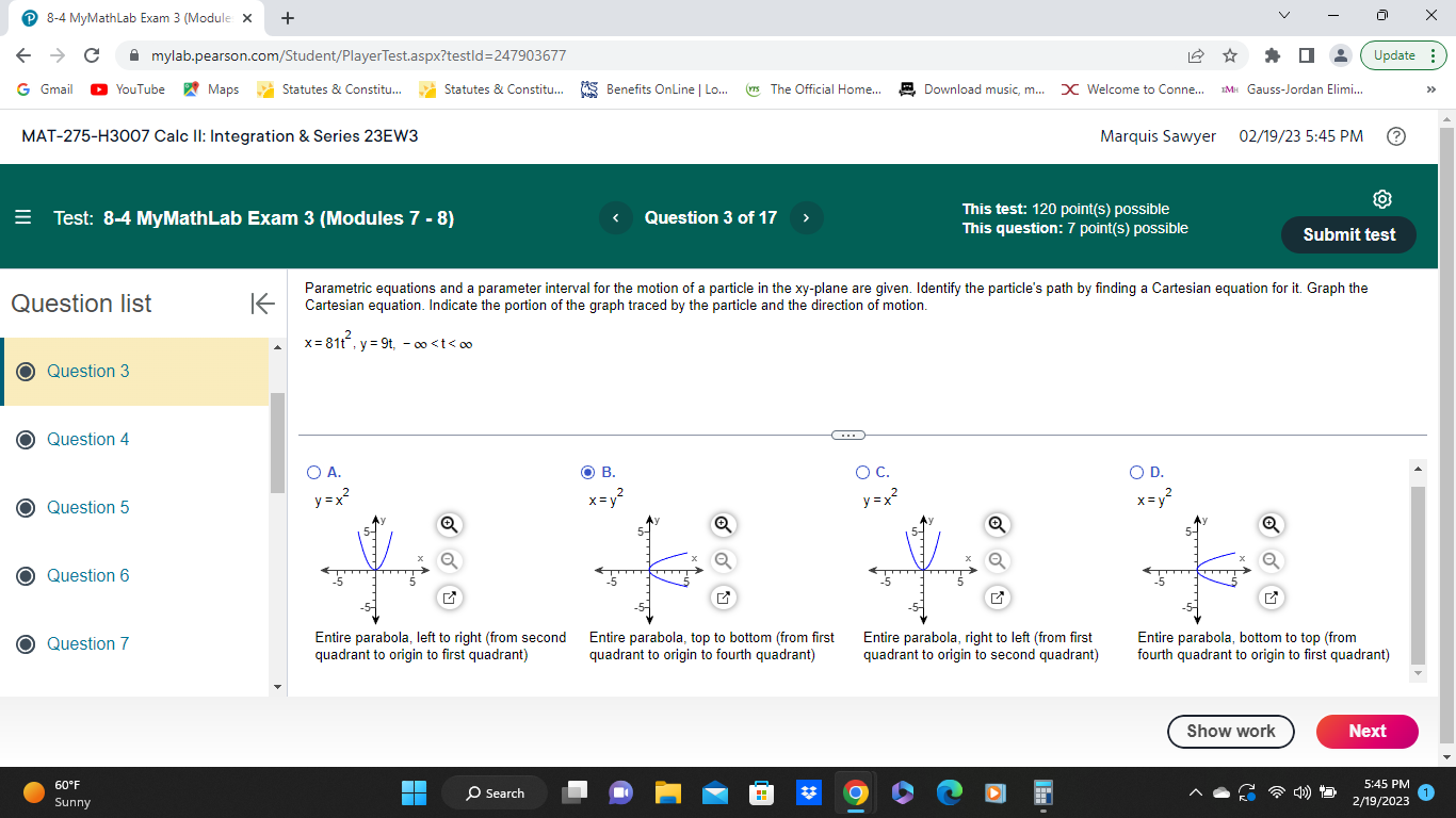 8-4 MyMathLab Exam 3 (Module: X + C mylab.pearson.com/Student/PlayerTest.aspx?testId=247903677 Update G Gmail