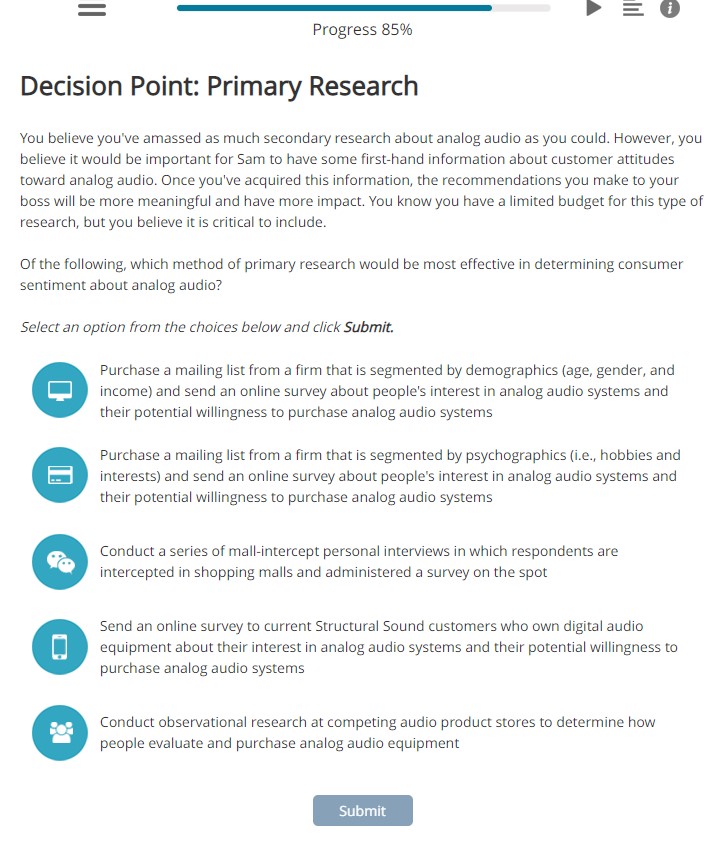 || Progress 85% Decision Point: Primary Research You believe you've amassed as