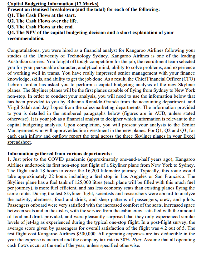Capital Budgeting Information (17 Marks) Present an itemised breakdown (and the total)