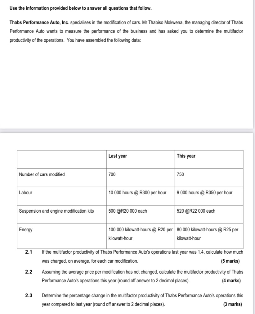 Use the information provided below to answer all questions that follow. Thabs