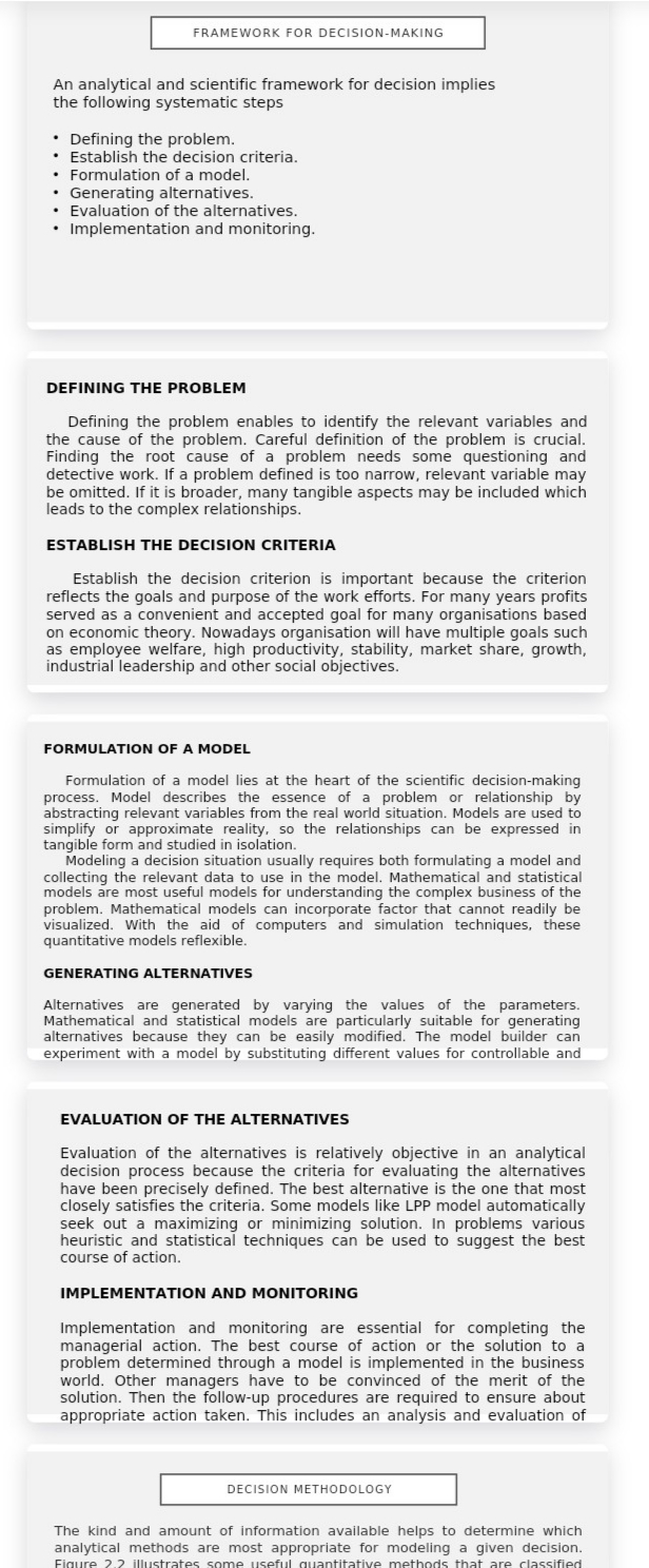 FRAMEWORK FOR DECISION-MAKING An analytical and scientific framework for decision implies the